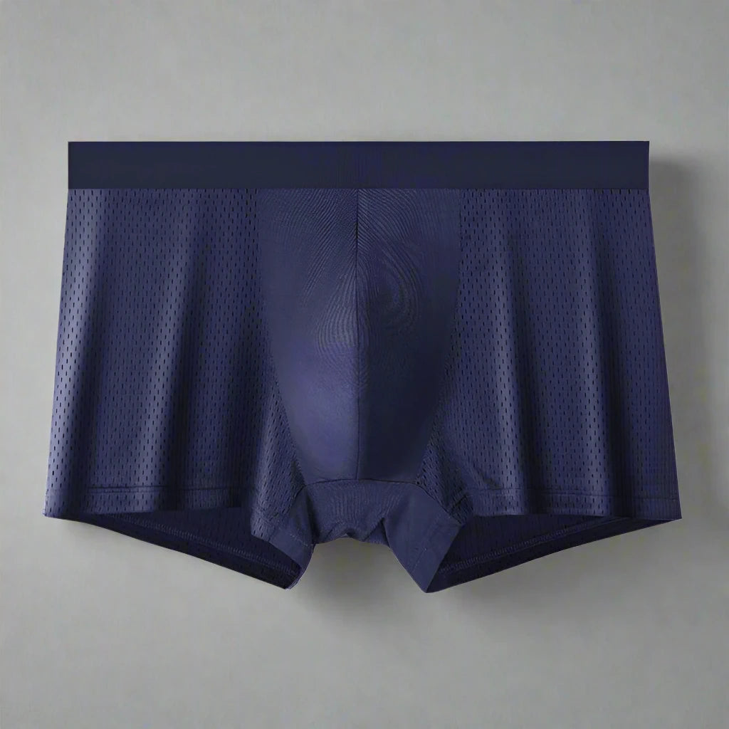 Navy blue boxer briefs with mesh lining on a white background