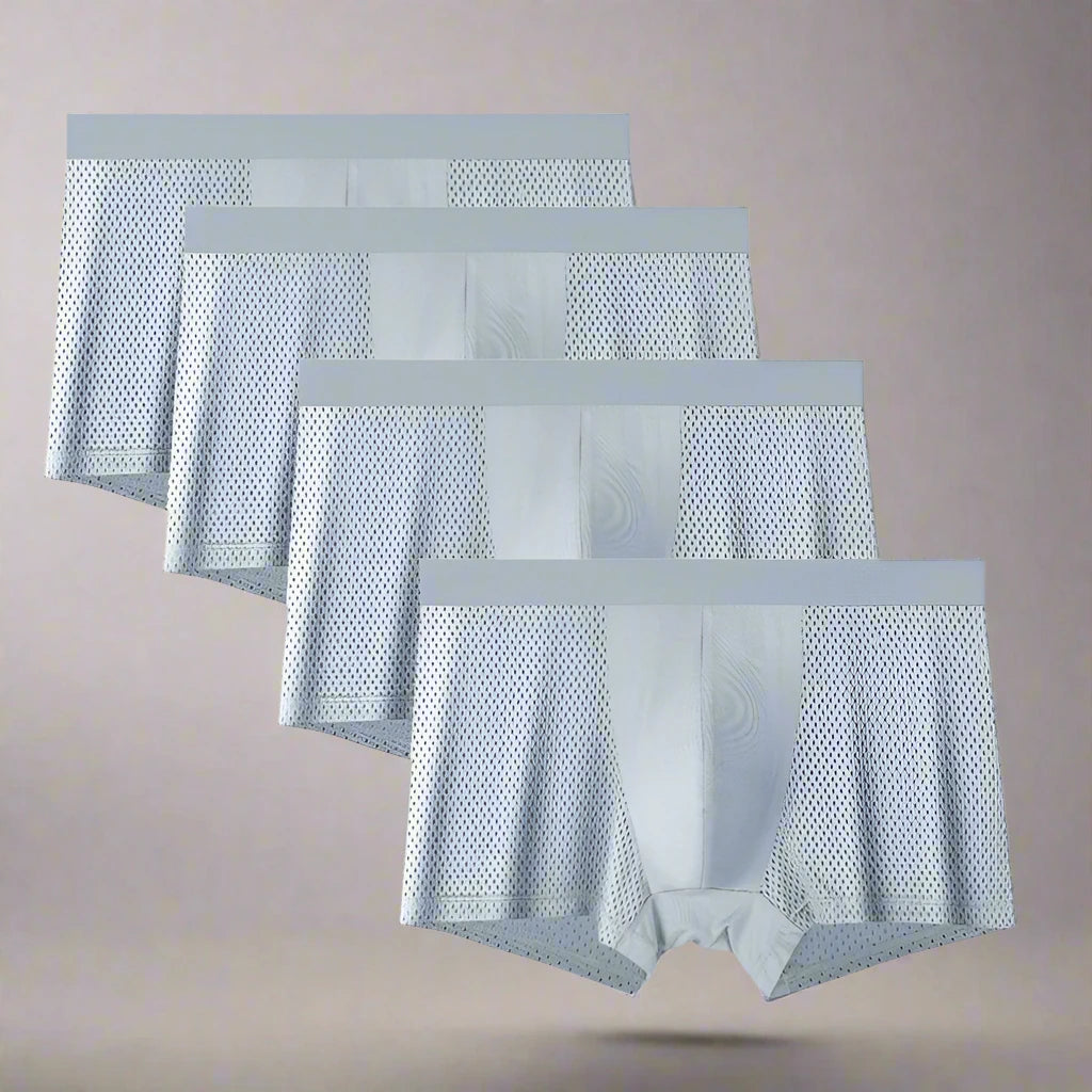 Four pairs of light blue boxer briefs on a white background