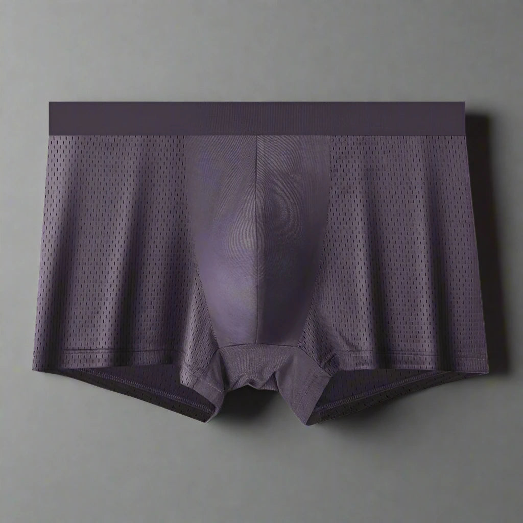 Purple boxer briefs with mesh design on a white background