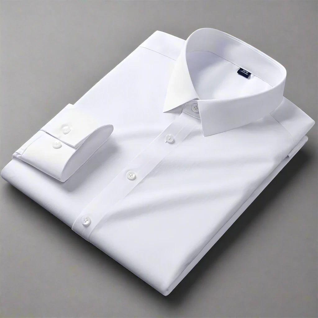 White dress shirt on a dark surface with 'Bamboo Fiber' label