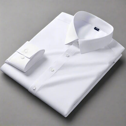 White dress shirt on a dark surface with 'Bamboo Fiber' label
