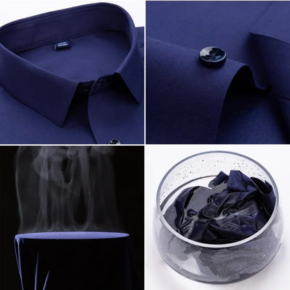 Collage of a navy blue shirt with close-up details and a garment bag.