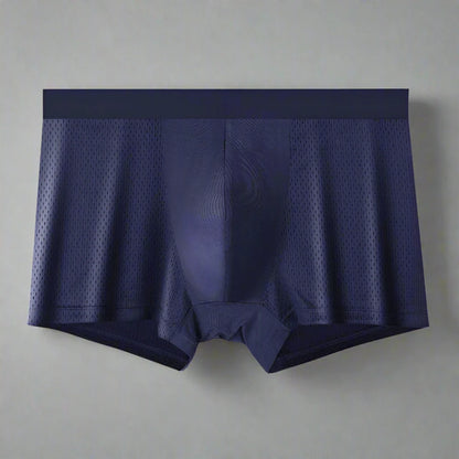 Navy blue boxer briefs with mesh lining on a white background