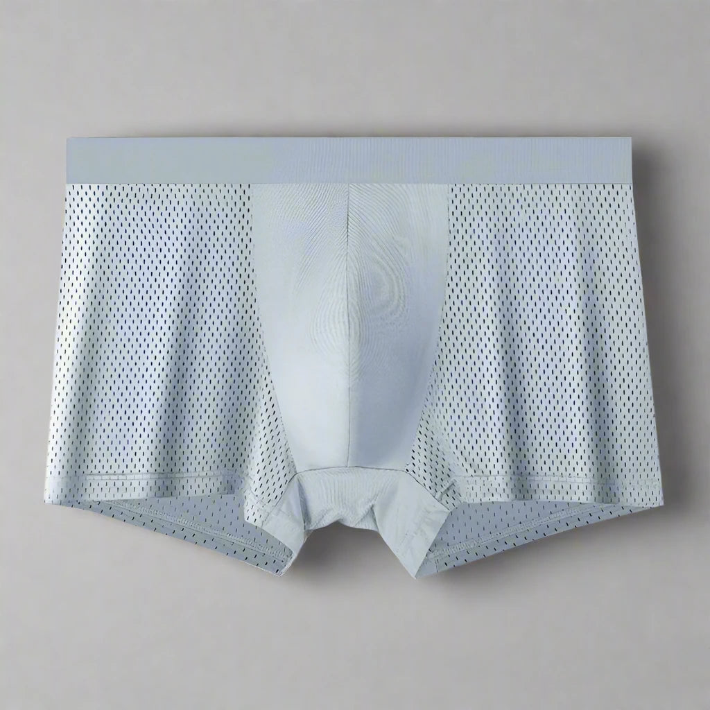 Light blue boxer briefs with mesh panels on a white background