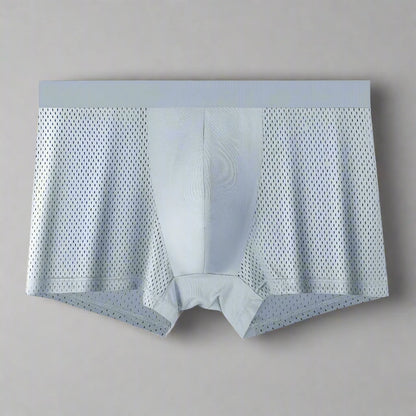 Light blue boxer briefs with mesh panels on a white background