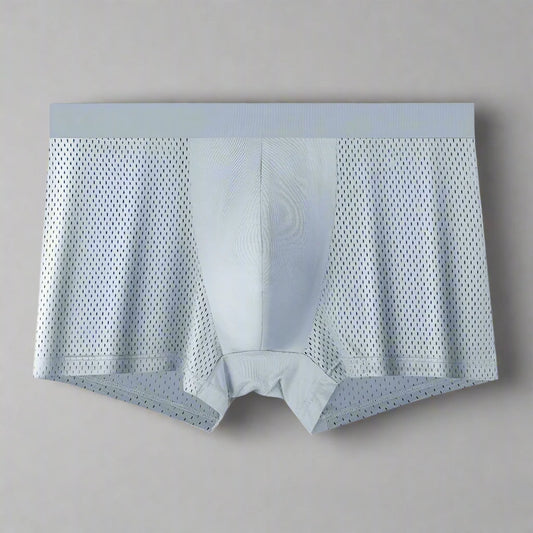 Light blue boxer briefs with mesh panels on a white background